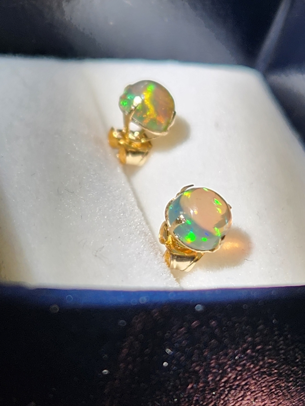 Bella 14K SOLID Yellow Gold 1.18cts Natural Ethiopian Black Forest Opal Earrings - Picture 6 of 17